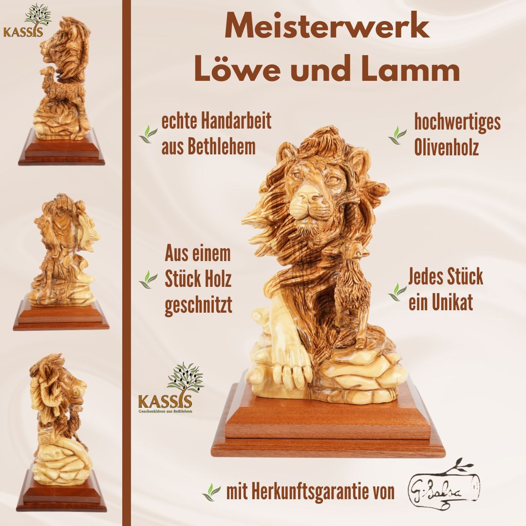 Hand-carved sculpture "Lion and Lamb" – symbol of peace, made of olive wood (30 cm)-4
