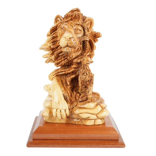 Hand-carved sculpture "Lion and Lamb" – symbol of peace, made of olive wood (30 cm)-0